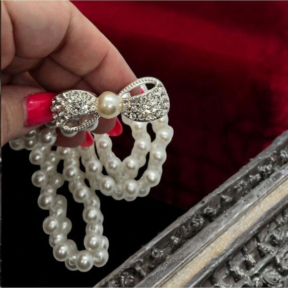 Rhinestone Bow Knot Ivory Pearl Wide Elastic Belt Statement Cute On-trend Nice - Picture 5 of 7